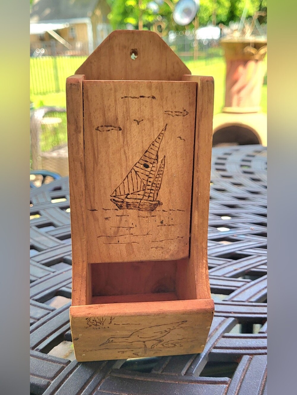 Vtg 1931 Wooden Match Holder Wallmount Hand Etched Shore Birds Sailboat Country